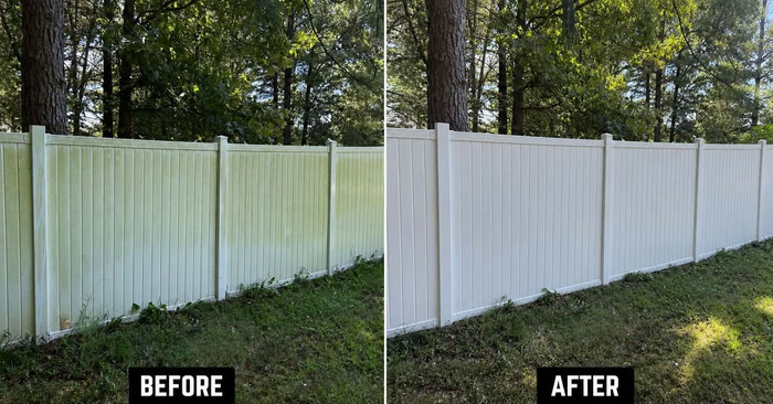 A before and after pair of a tall white panel fence: green and grimy on the left, bright white on the right.