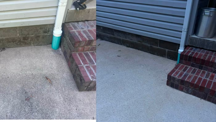 A before and after pair beside brick steps: grimy grey concrete on the left, clean pale concrete on the right.