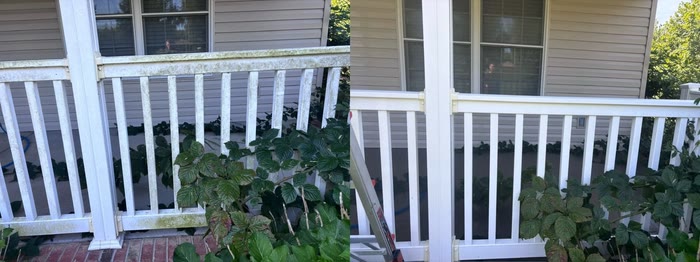 A before and after pair of a porch railing: green and grey grime on the left, bright white on the right.