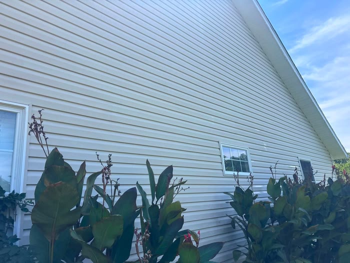 Clean siding rising to the peak of a gable against a blue sky, with shrubs at its base.
