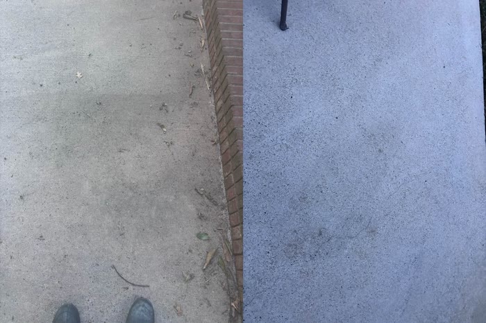 A before and after pair of a concrete walk beside brick: dusty and marked on the left, clean on the right.