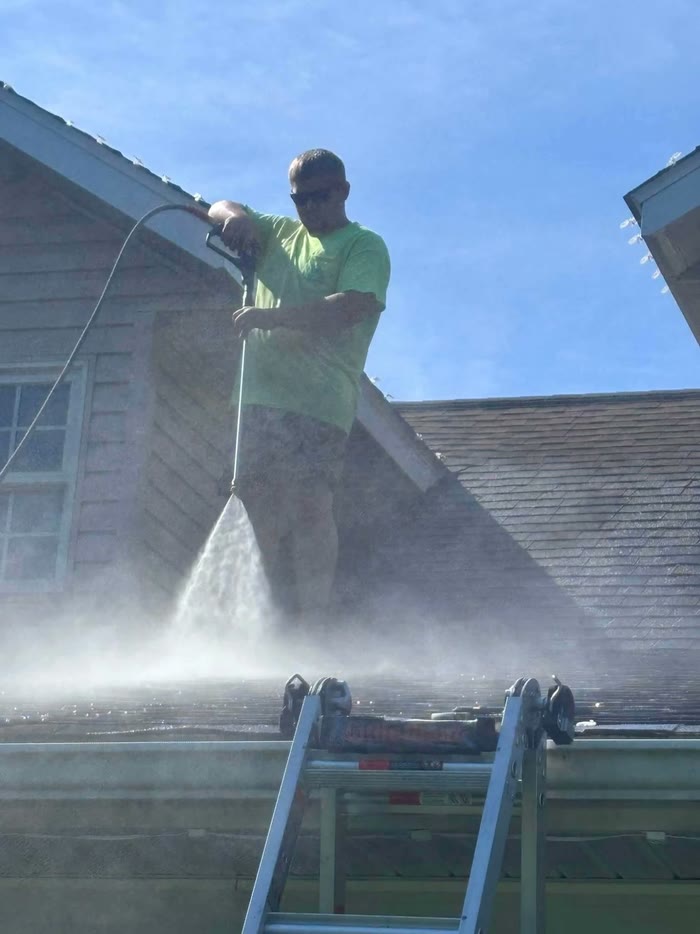 A man in sunglasses and a green shirt stands on a shingle roof, spraying it with a wand, mist rising around a ladder at the gutter.